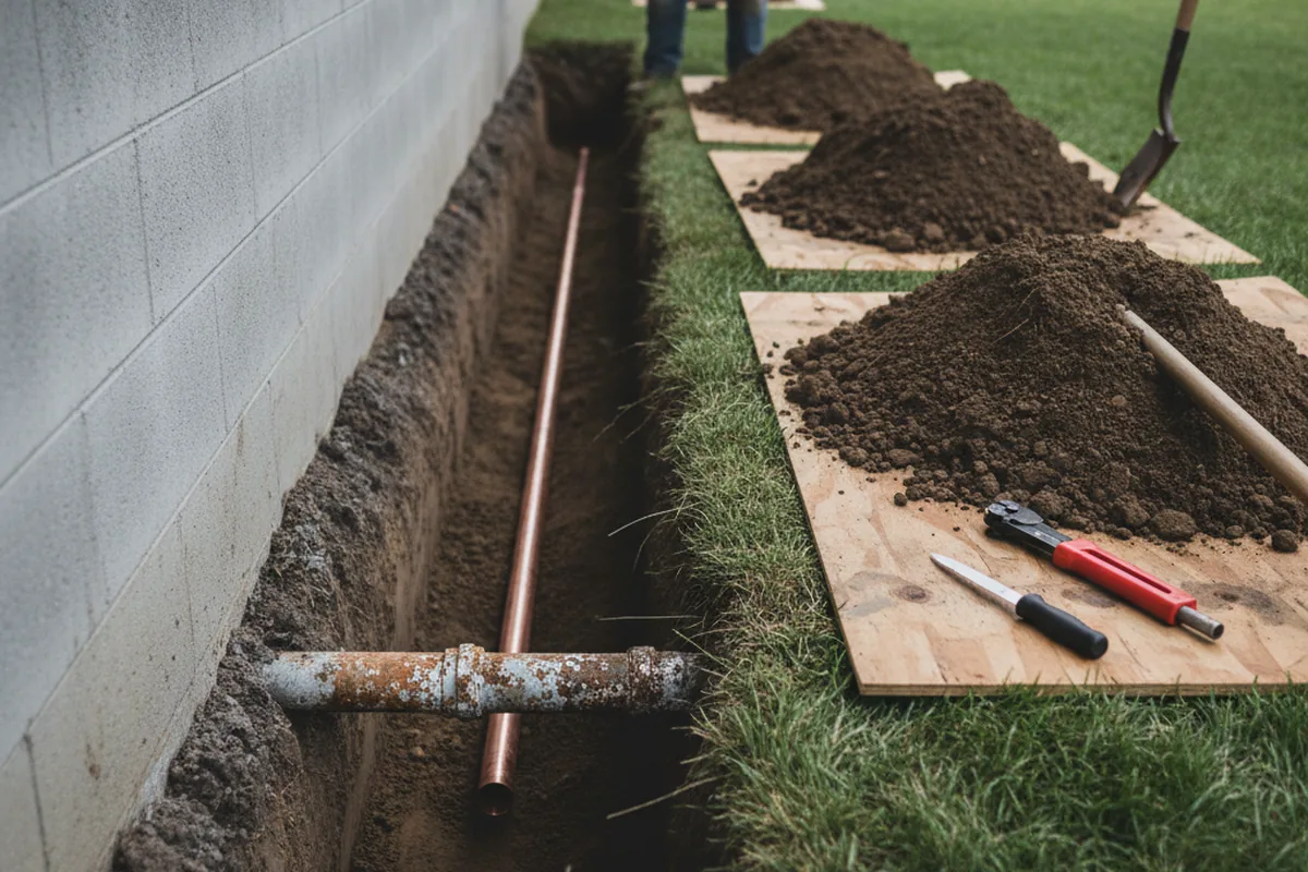 Excavated water line trench during Water Heater Repair in Horsham